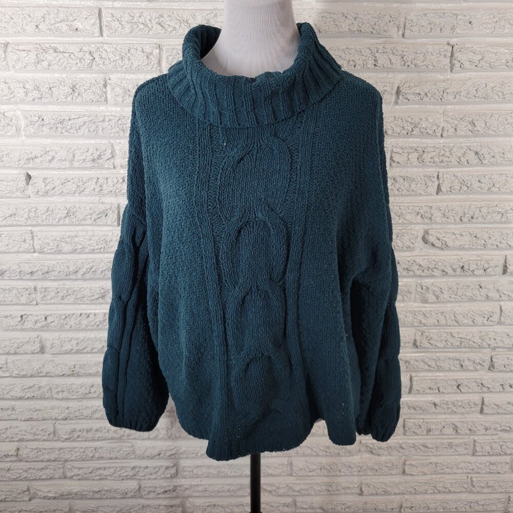 Seven7 Turtleneck Sweater XL Womens Green Cable Knit Pullover Casual SWE17E